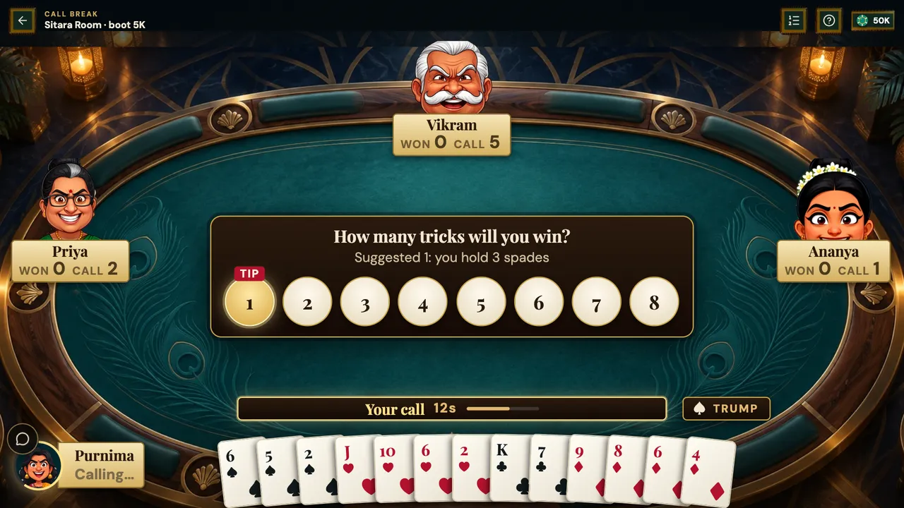 A Call Break table asking how many tricks you will win