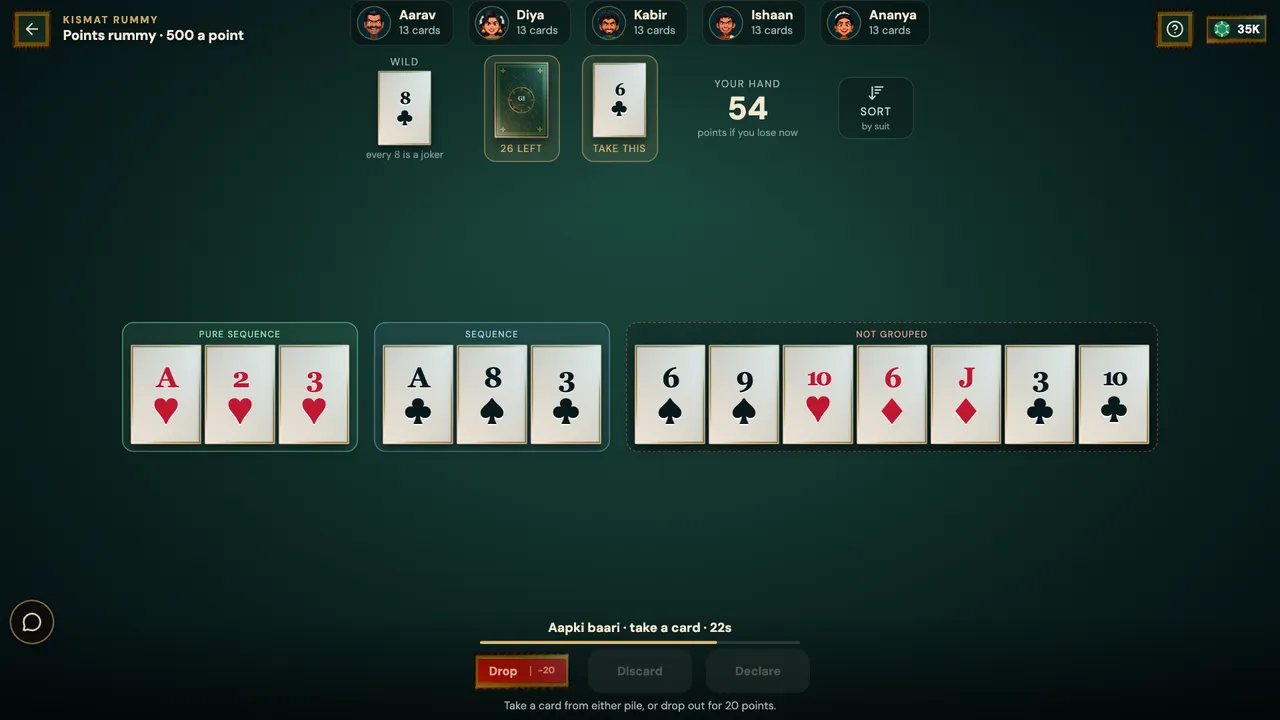 A Rummy hand arranged into a pure sequence and a sequence