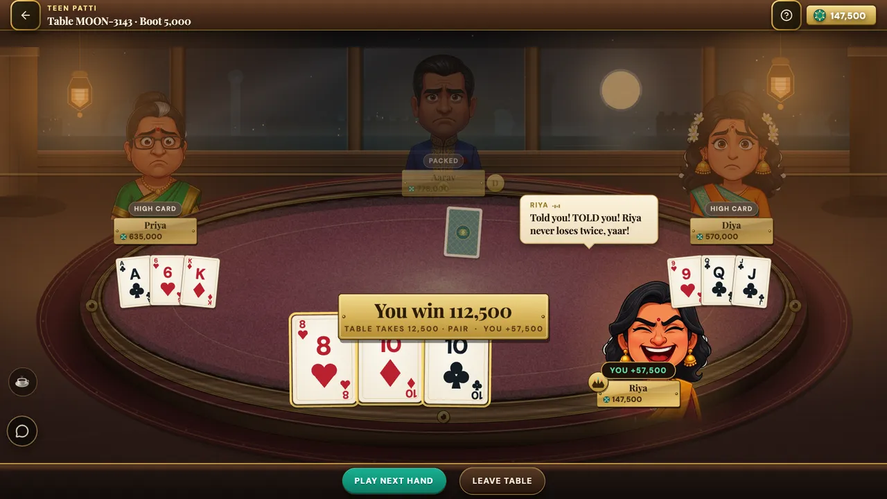 A Teen Patti table where the player has just won with a pure sequence